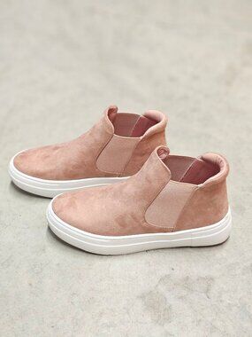 Blush Nubuck Slip-On Platform Sneakers With Elastic Side Panels & White Soles Fo